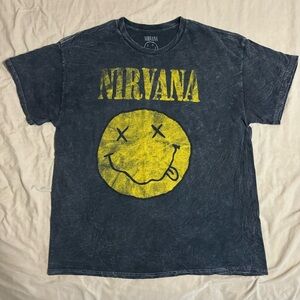 Nirvana Smiley Face Black Washed Graphic Short Sleeve T Shirt Wms L Mens XL